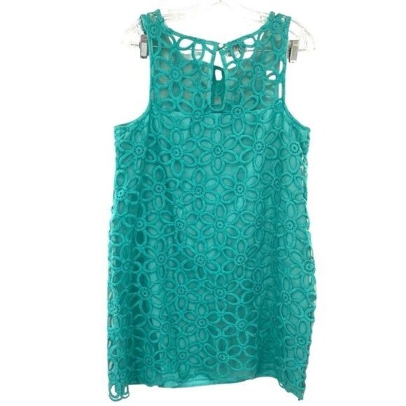 Mud Pie Crochet Eyelet Daisy Sleeveless Teal Shift Dress - Picture 7 of 13